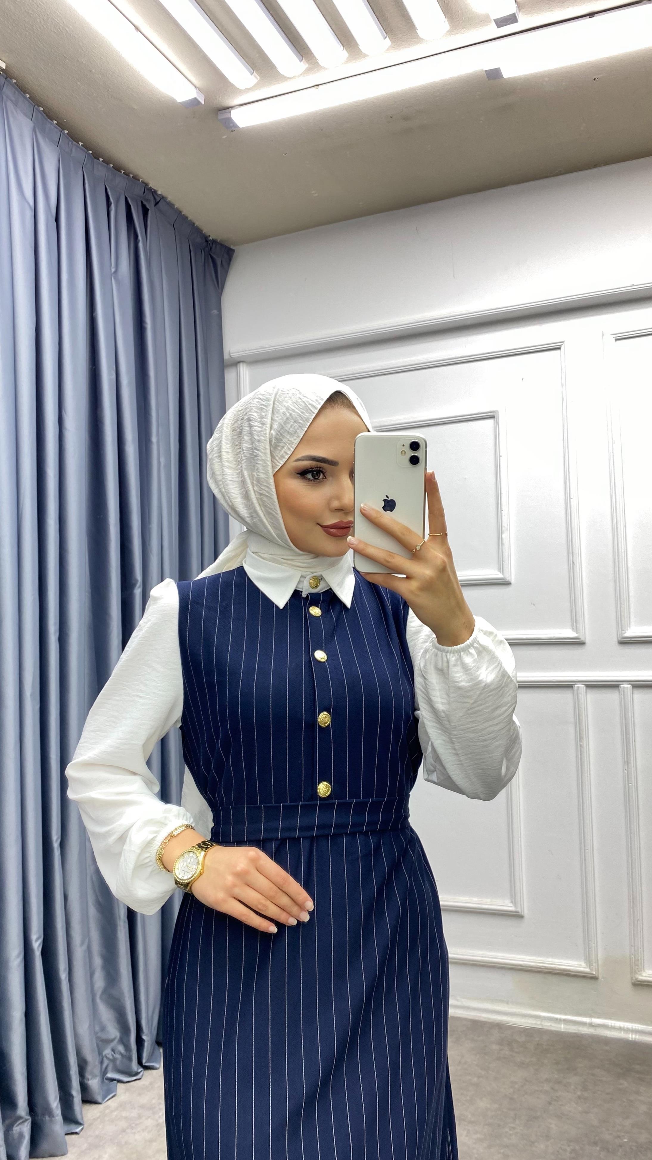 Gömlek Yaka Çizgili Elbise Lacivert