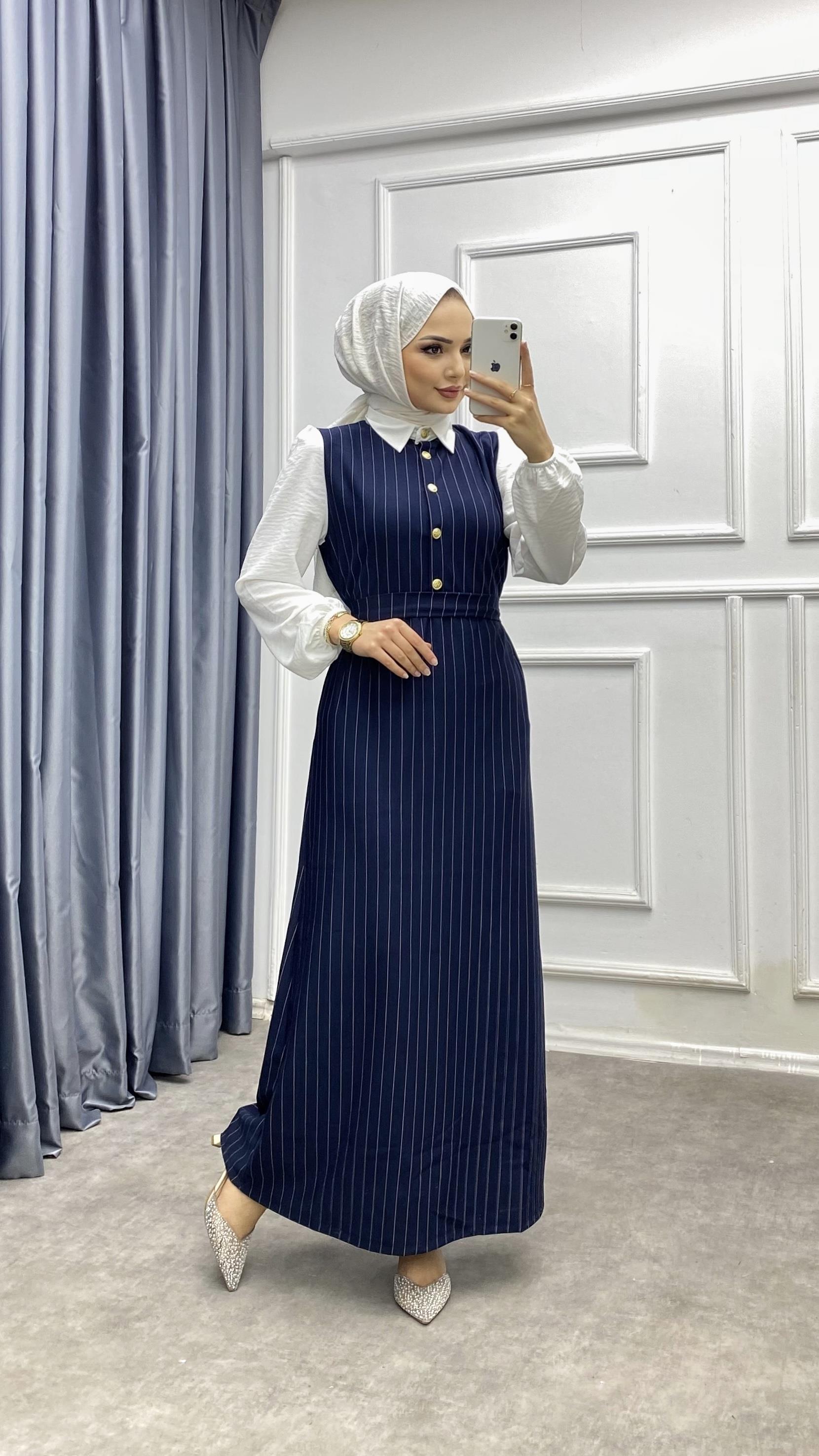 Gömlek Yaka Çizgili Elbise Lacivert