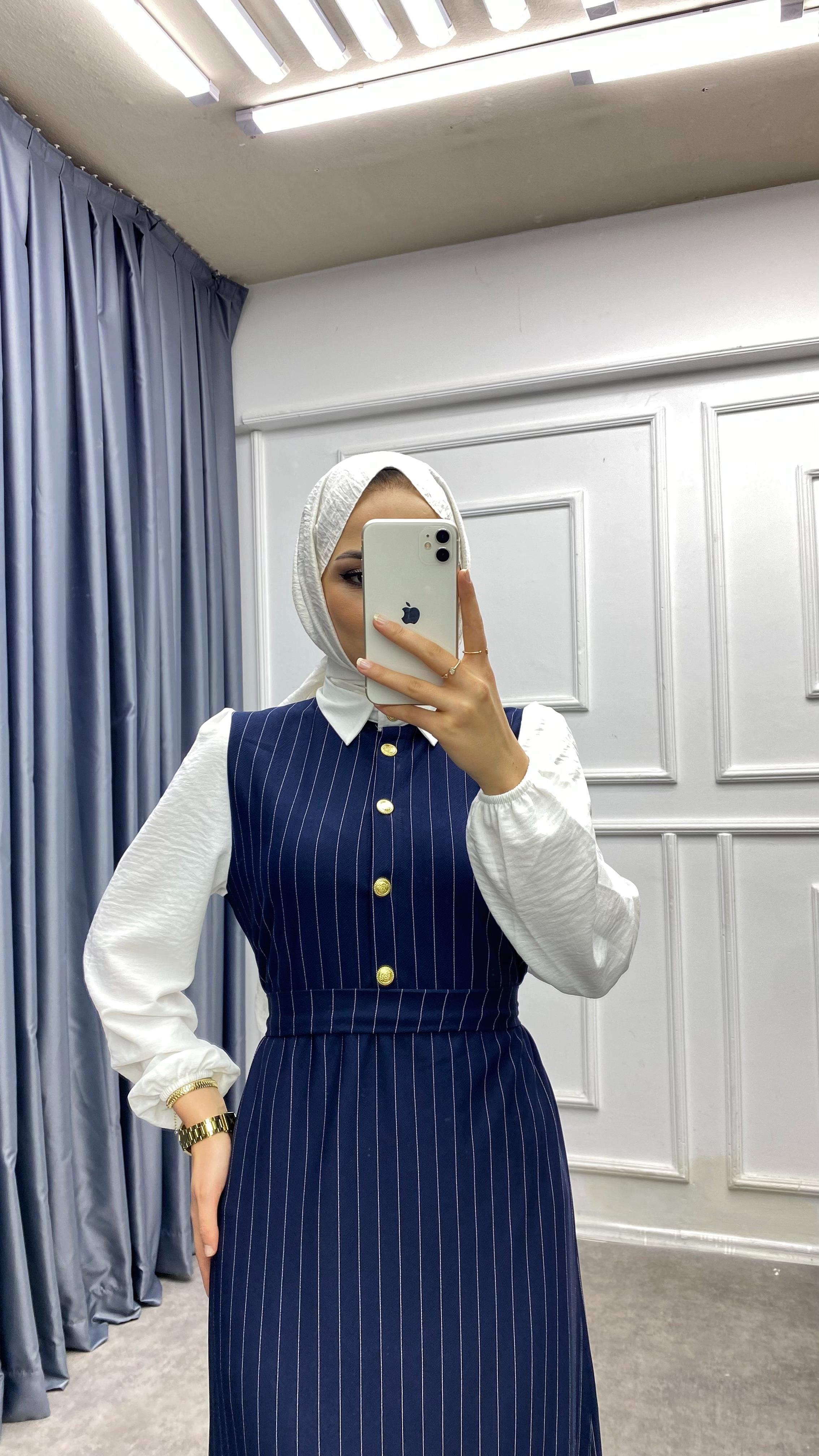 Gömlek Yaka Çizgili Elbise Lacivert