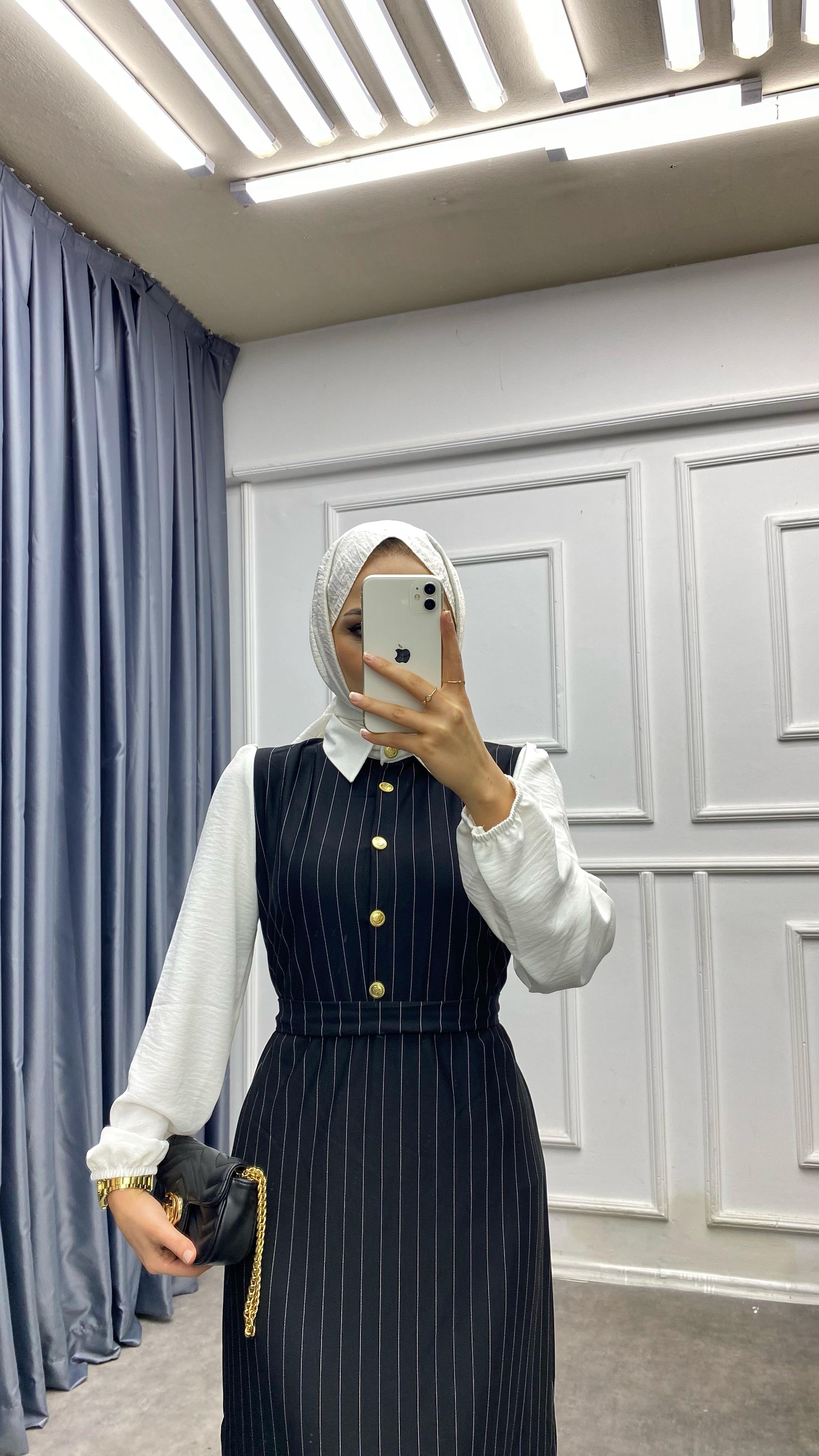 Gömlek Yaka Çizgili Elbise Siyah