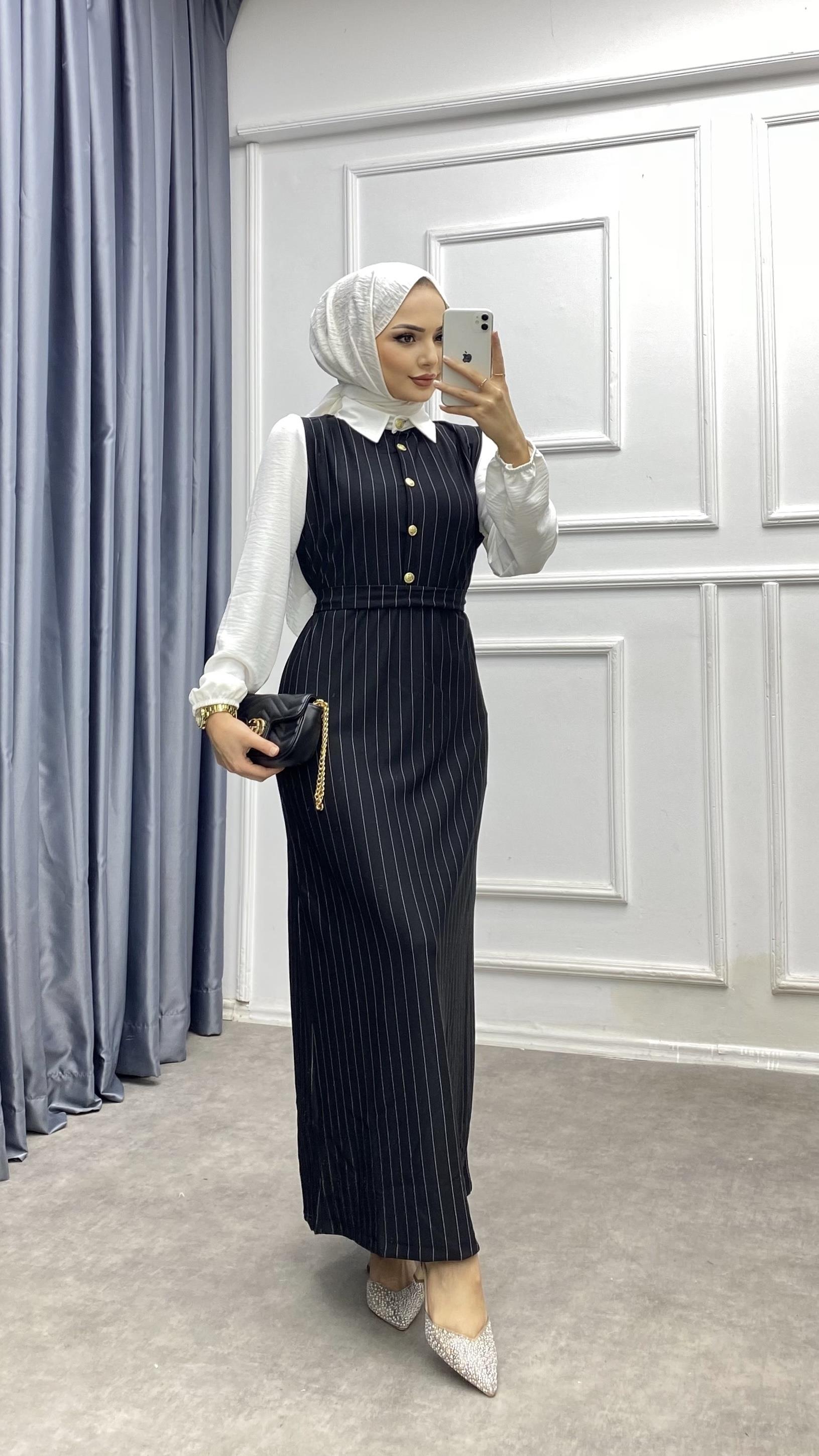 Gömlek Yaka Çizgili Elbise Siyah