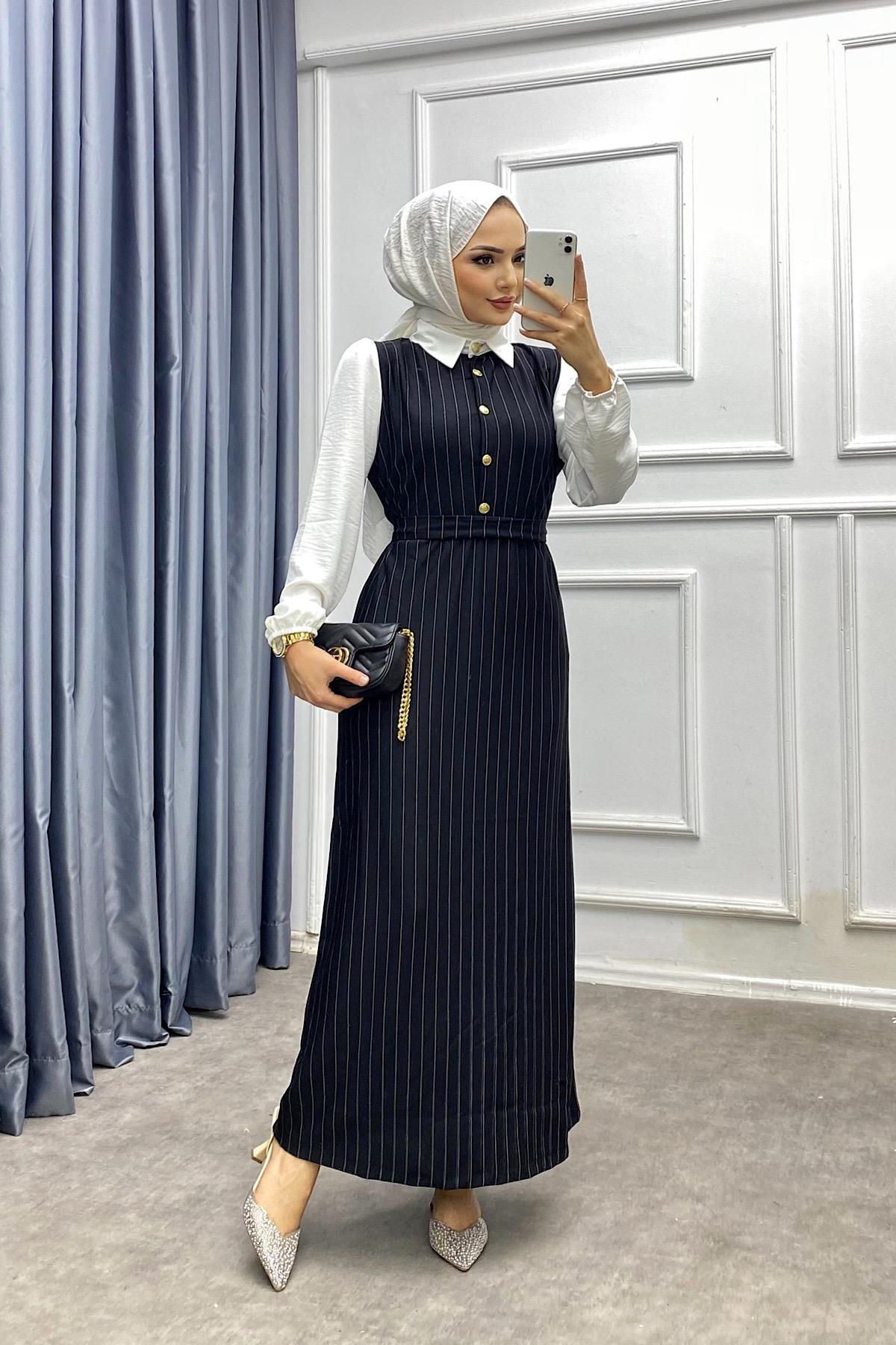 Gömlek Yaka Çizgili Elbise Siyah