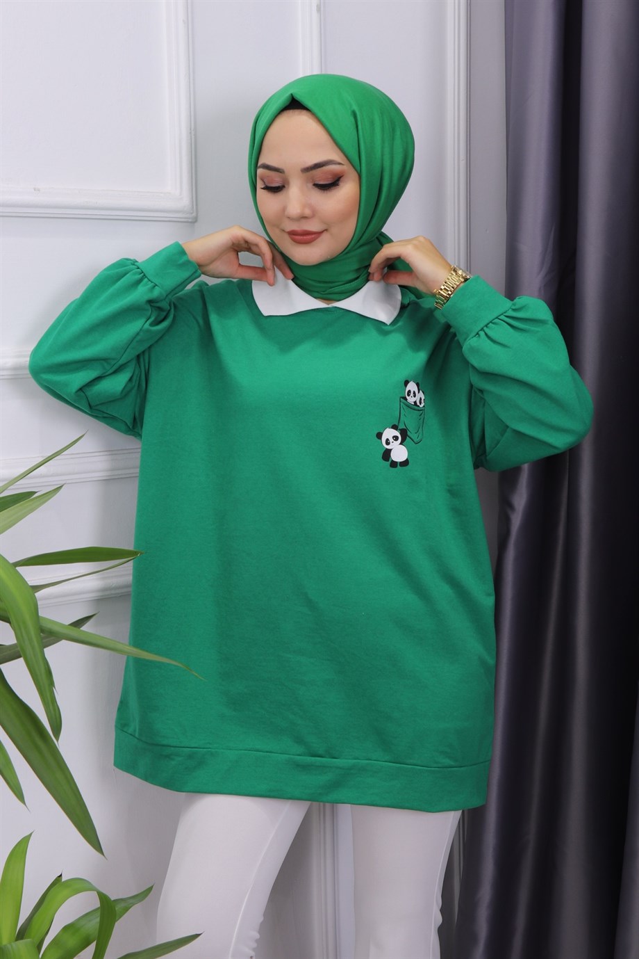 Gömlek Yaka Pandalı Sweat Yeşil