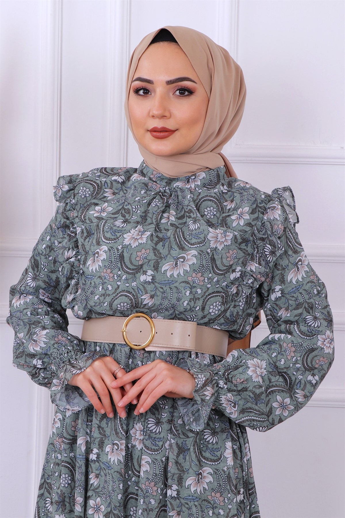 Grbz Çicek Desenli Şifon Elbise Yeşil