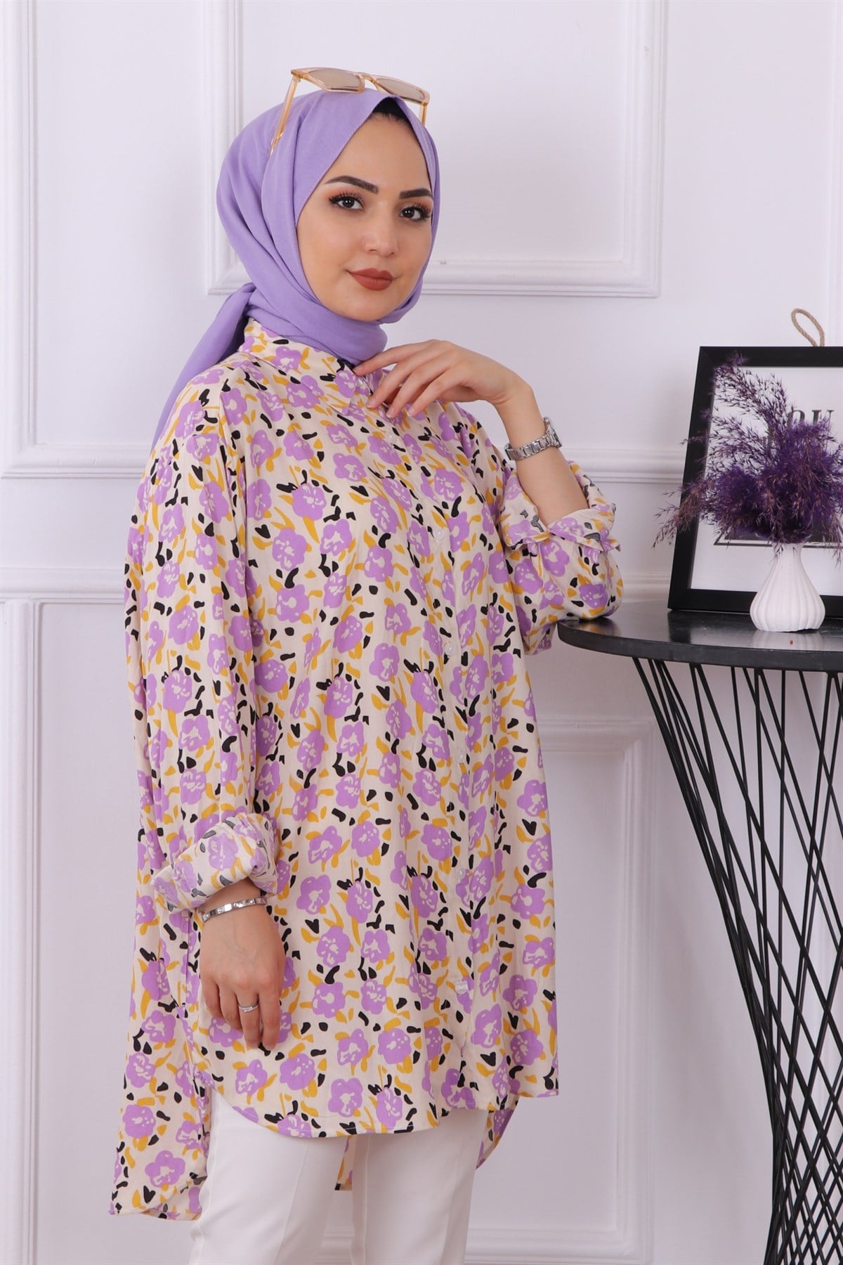 Gül Desenli Tunik Lila