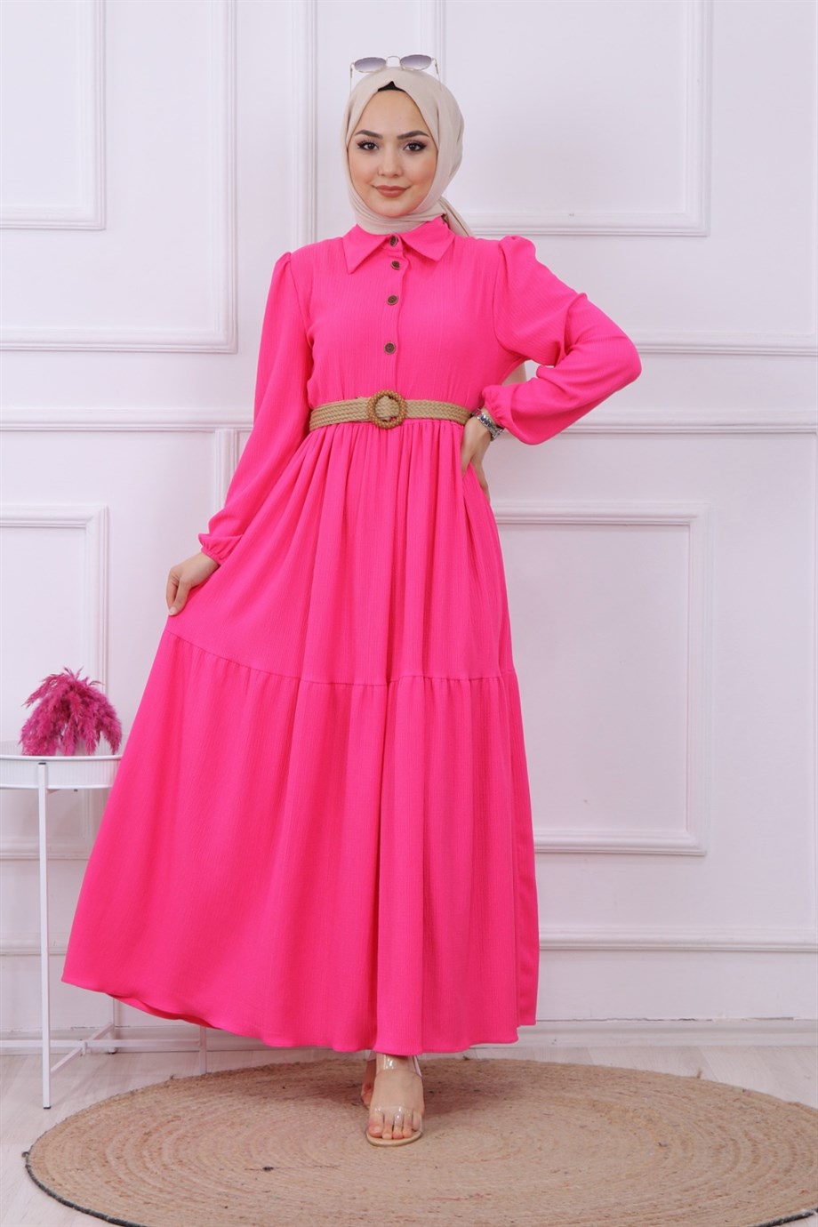 Hasır Kemer Elbise Pembe