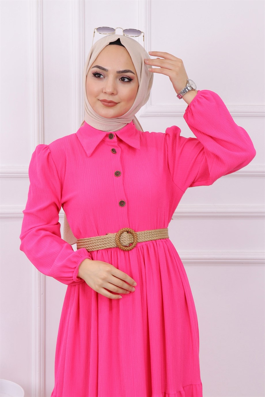 Hasır Kemer Elbise Pembe