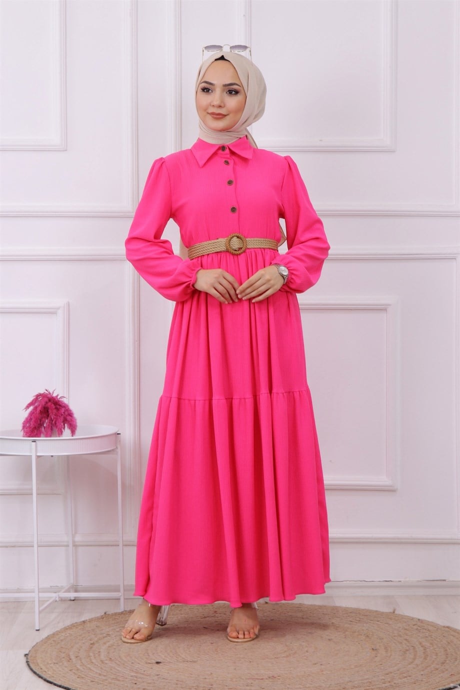 Hasır Kemer Elbise Pembe