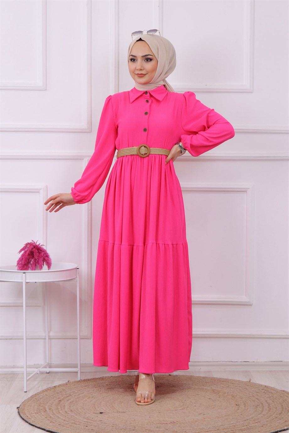 Hasır Kemer Elbise Pembe
