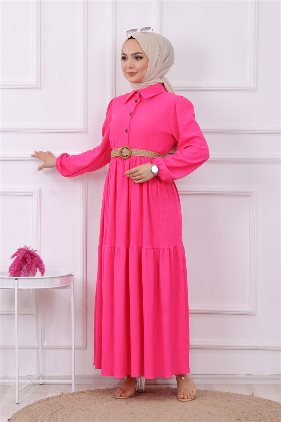 Hasır Kemer Elbise Pembe