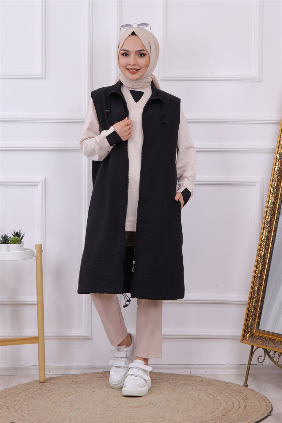 İkili Takım Yelek-Sweat Siyah -Krem