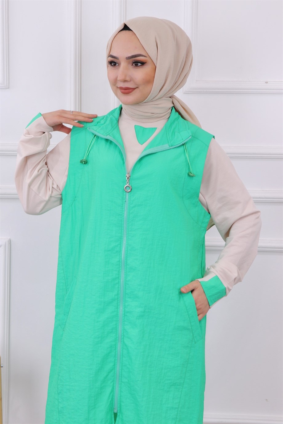 İkili Takım Yelek-Sweat Yeşil-Krem