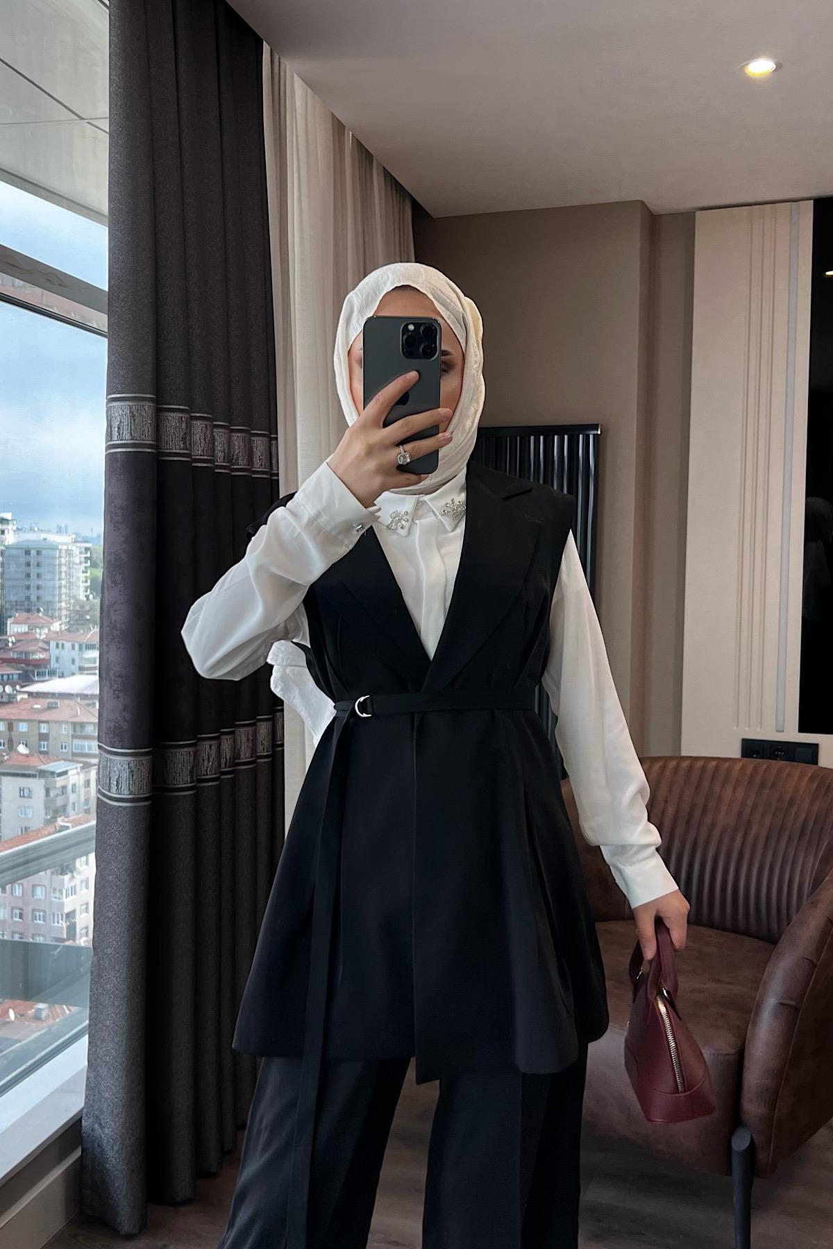 İnce Kuşaklı Yelekli Takım Siyah