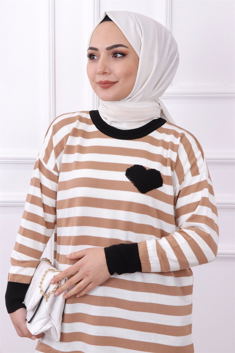 Kahve  Beyaz Çizgili Tunik