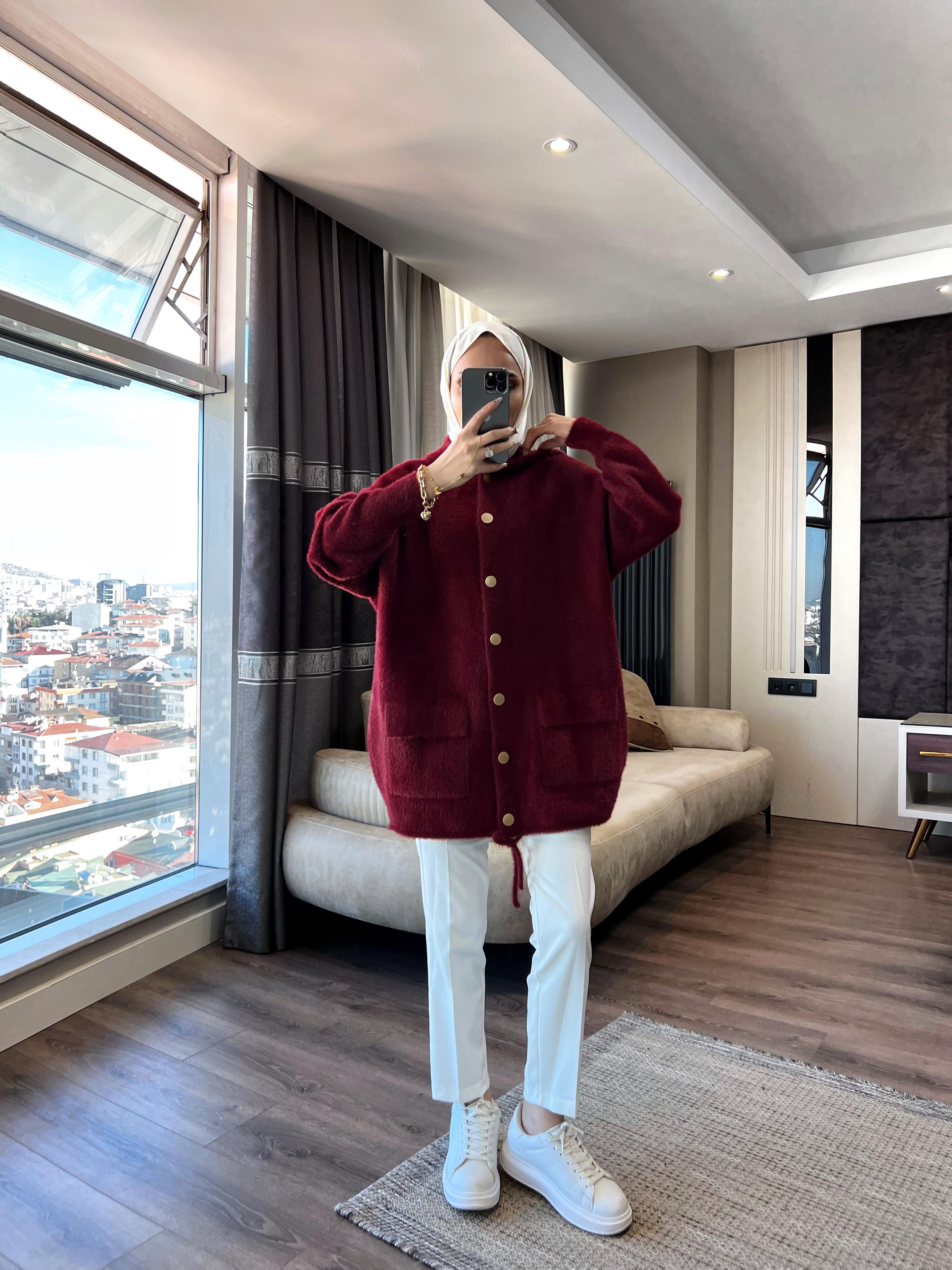 Kapşonlu Önden Düğmeli Yumoş Hırka Bordo