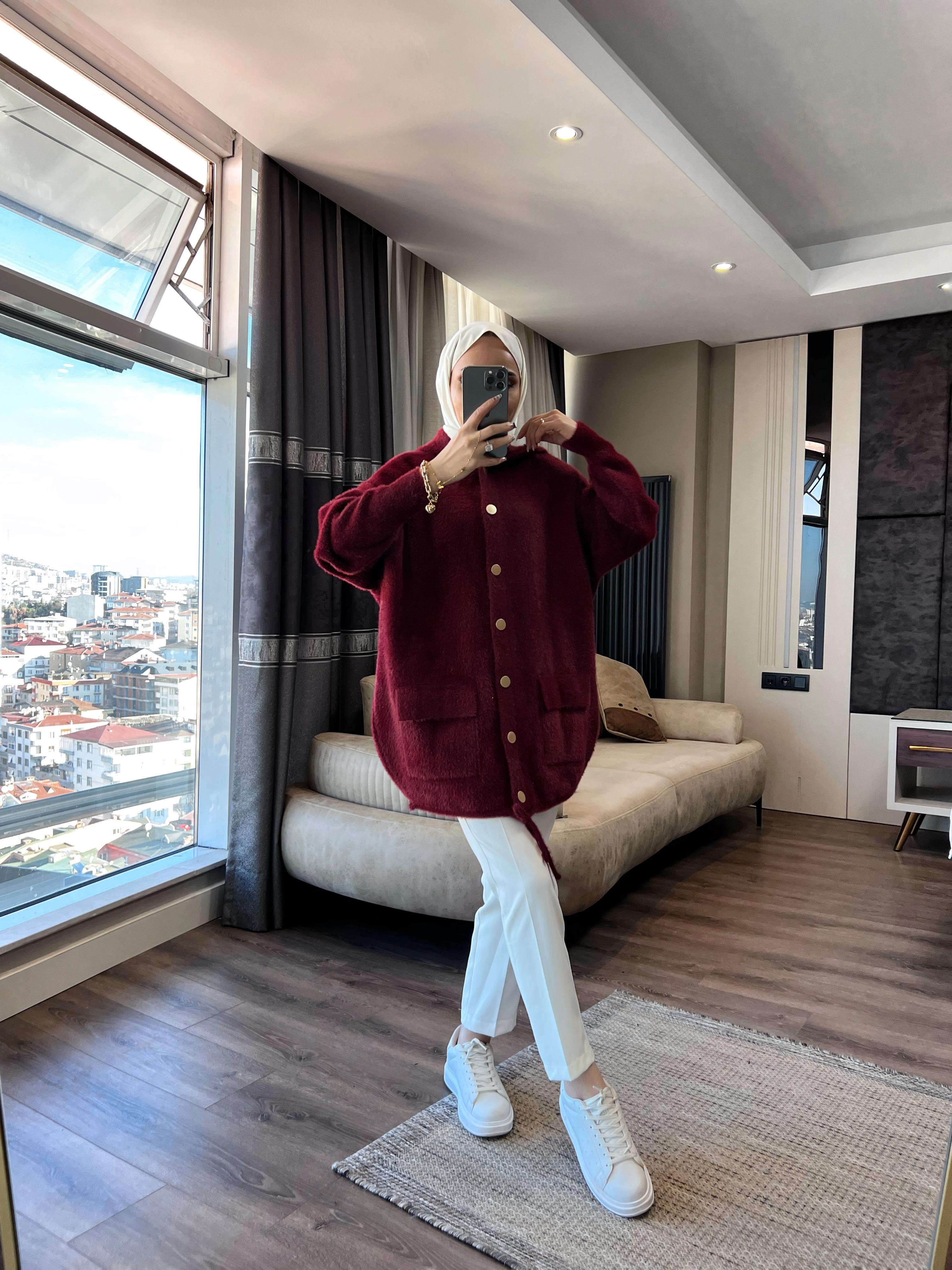 Kapşonlu Önden Düğmeli Yumoş Hırka Bordo