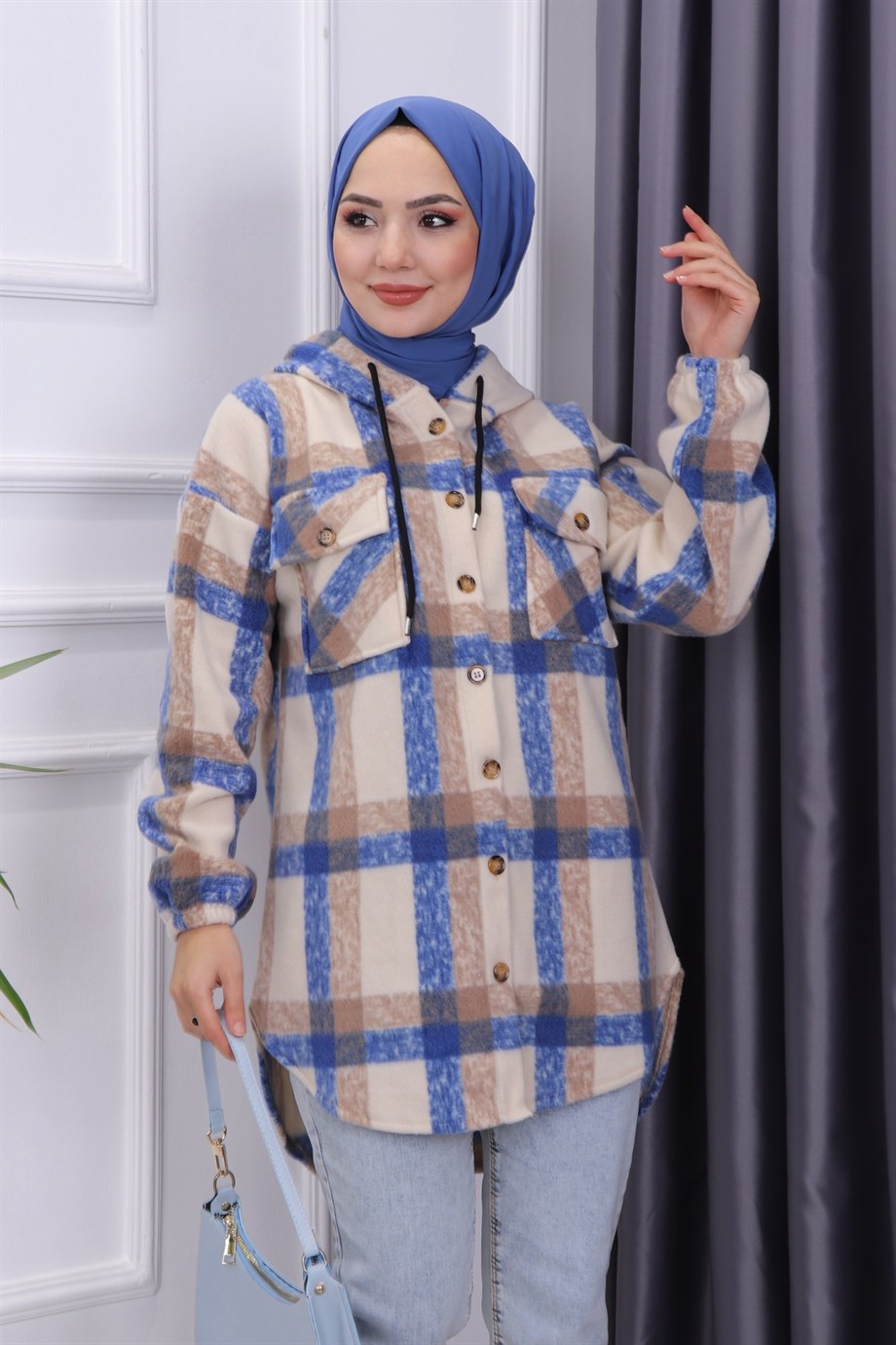 Kapşonlu Tunik Mavi Krem
