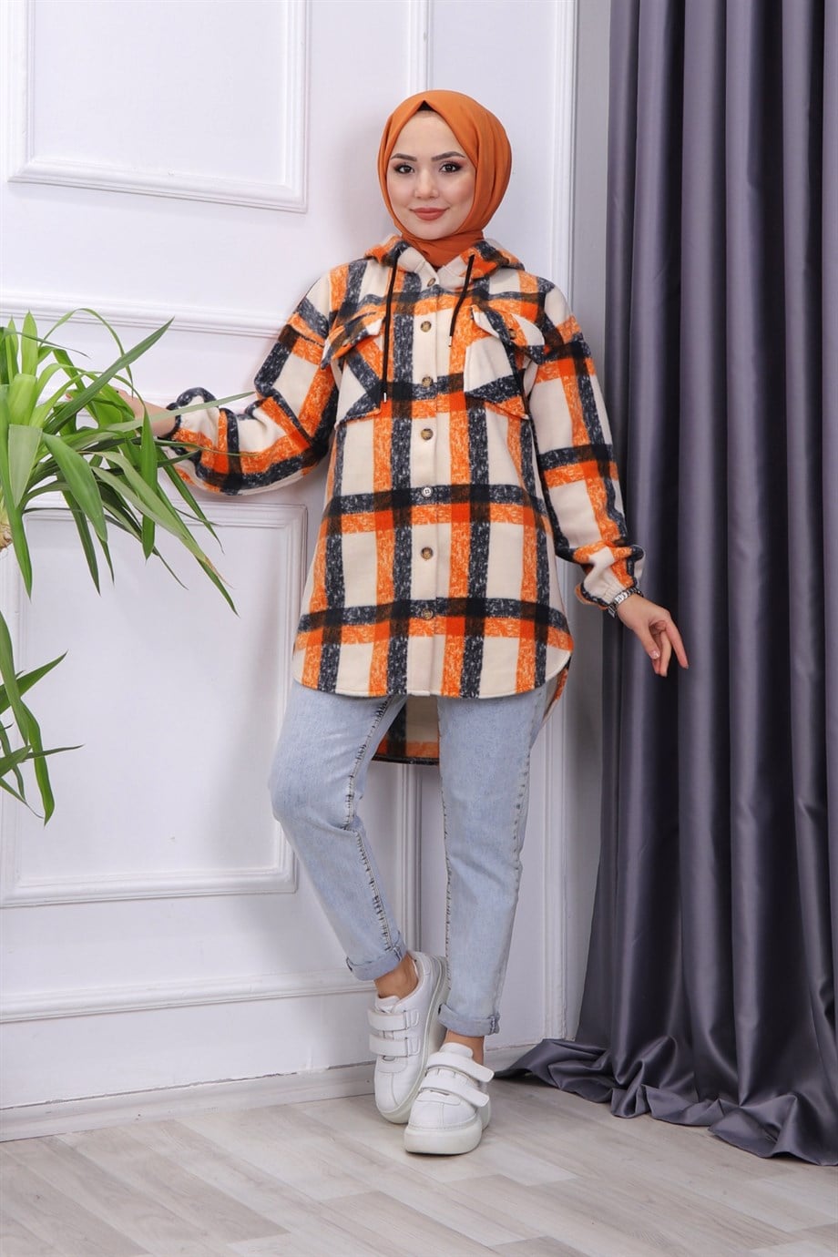 Kapşonlu Tunik Turuncu Krem