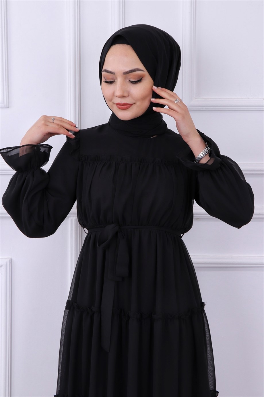 Kat Kat Şifon Elbise Siyah