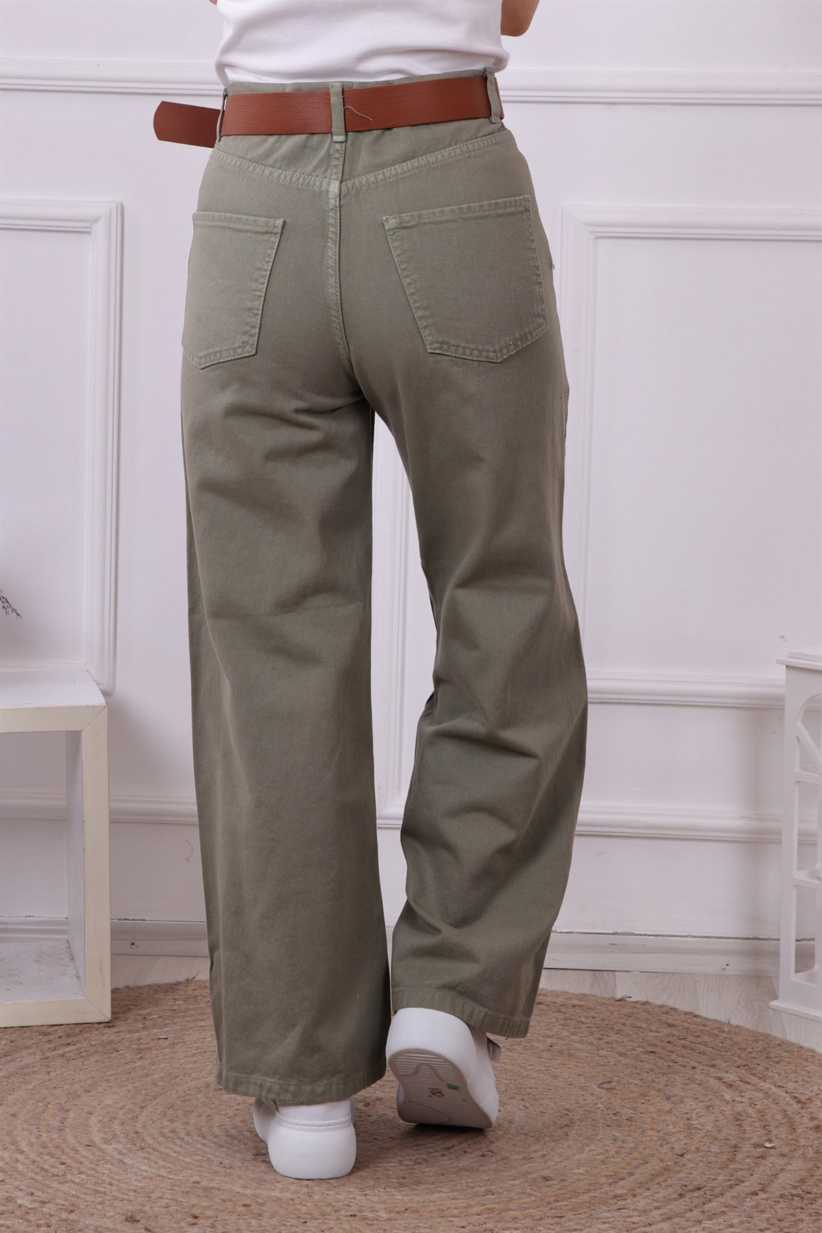 Kemerli Bol Paça Kot Pantolon Yeşil