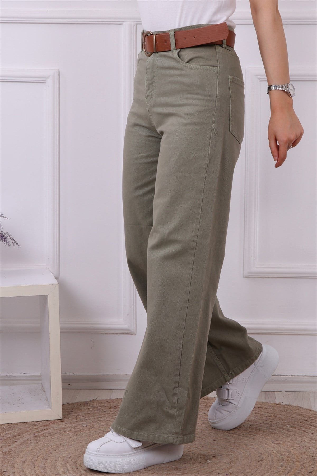 Kemerli Bol Paça Kot Pantolon Yeşil