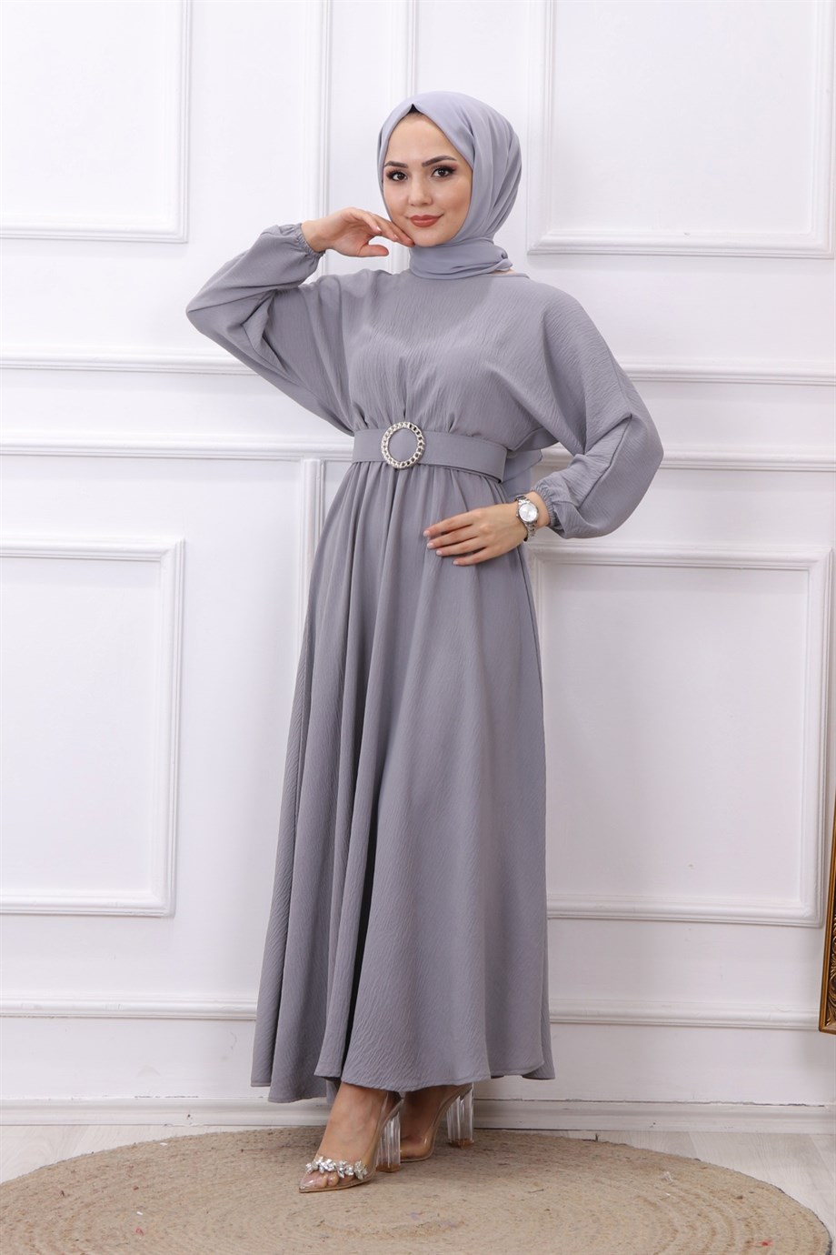 Kemerli Kloş Elbise Gri