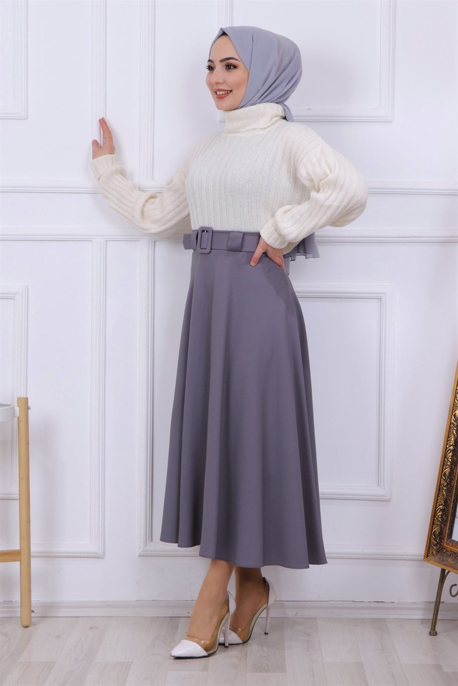 Kemerli Mevlana Etek Gri