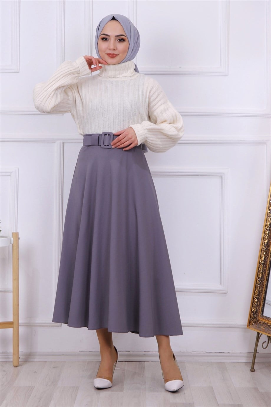 Kemerli Mevlana Etek Gri