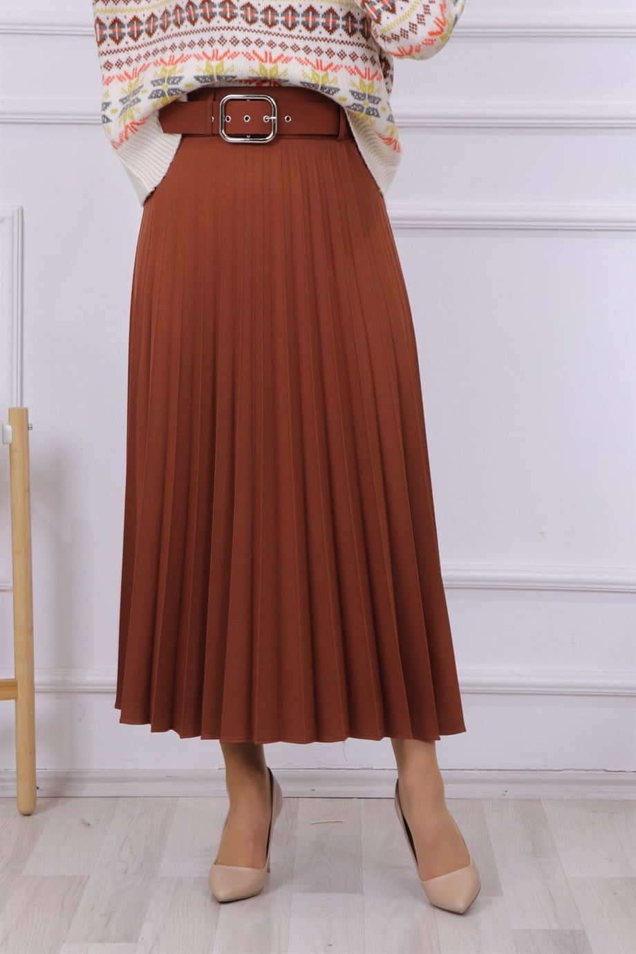 Kemerli Pliseli Etek Taba