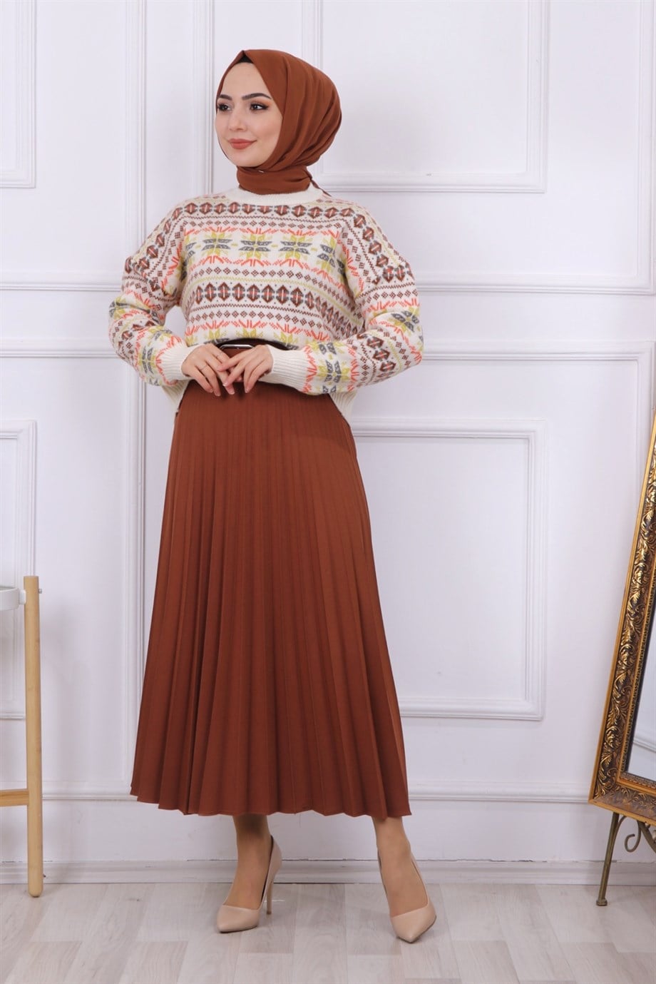 Kemerli Pliseli Etek Taba