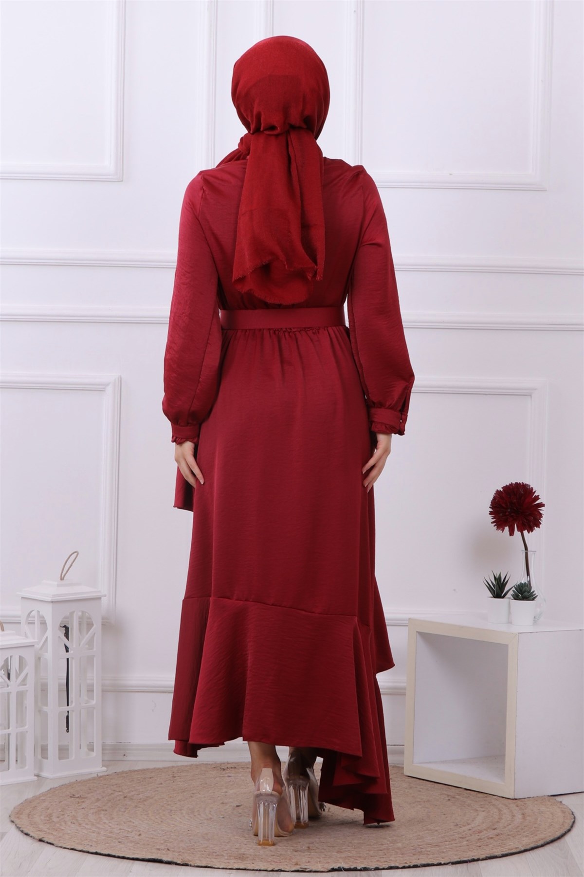 Kemerli Saten Elbise Bordo