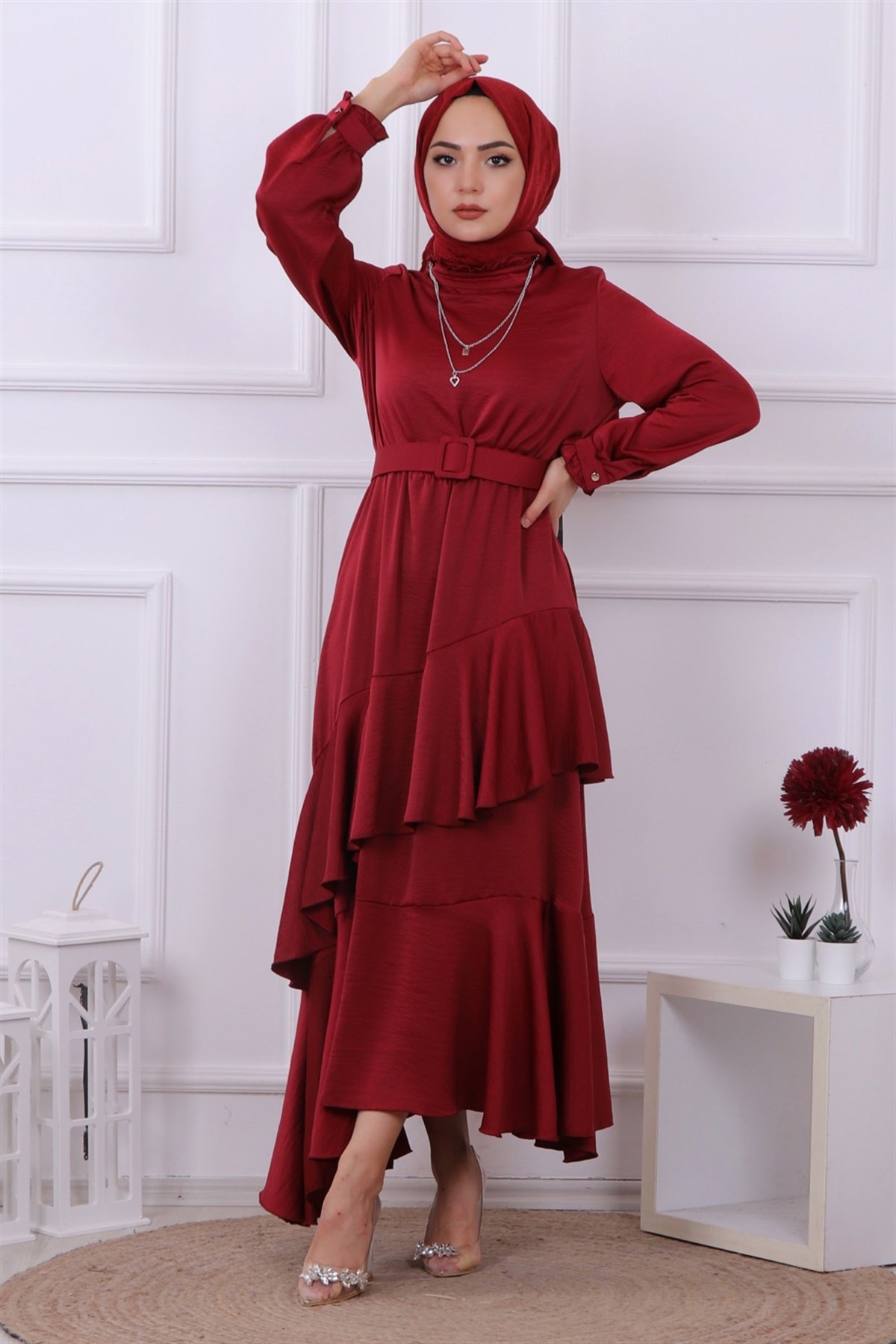 Kemerli Saten Elbise Bordo