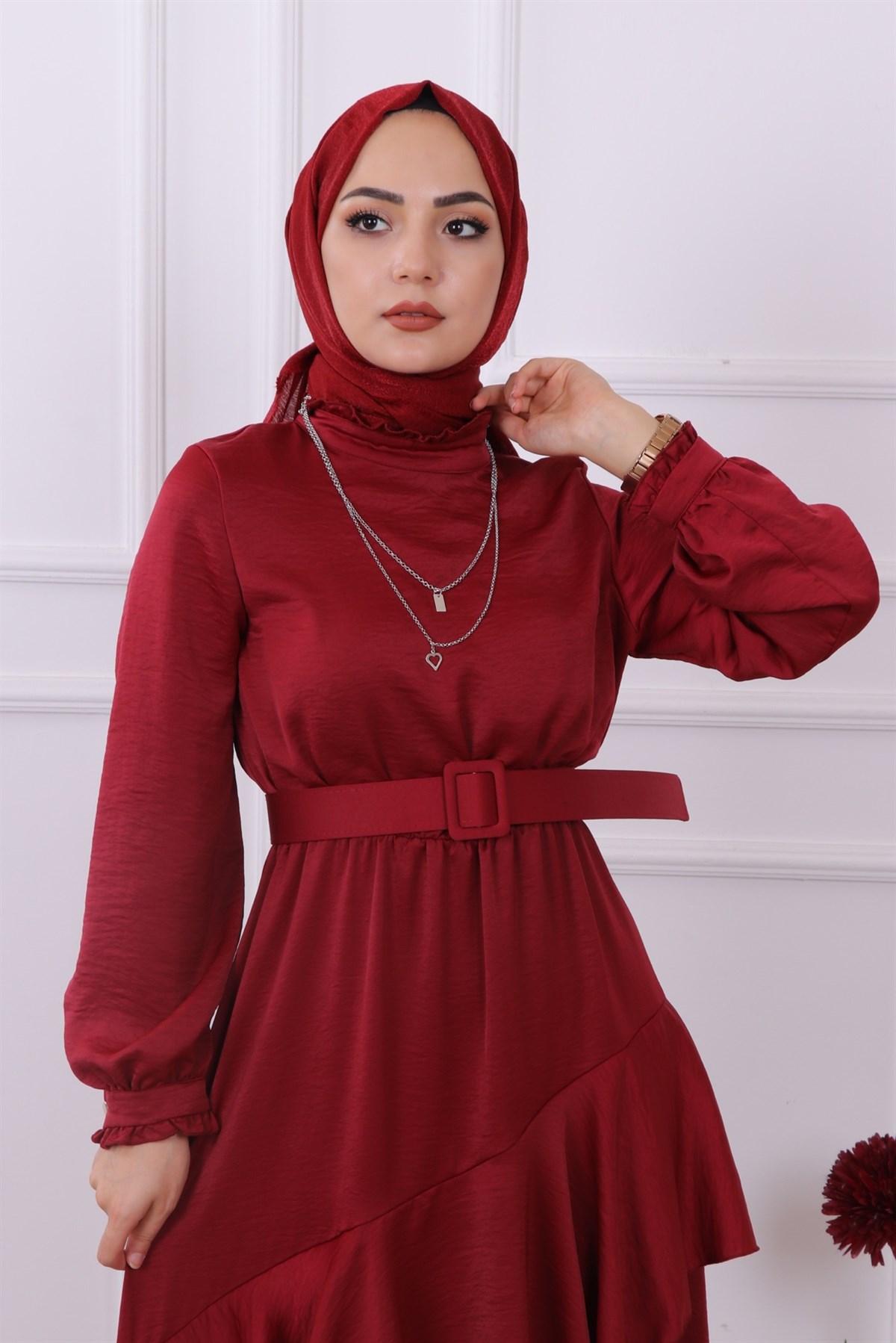 Kemerli Saten Elbise Bordo