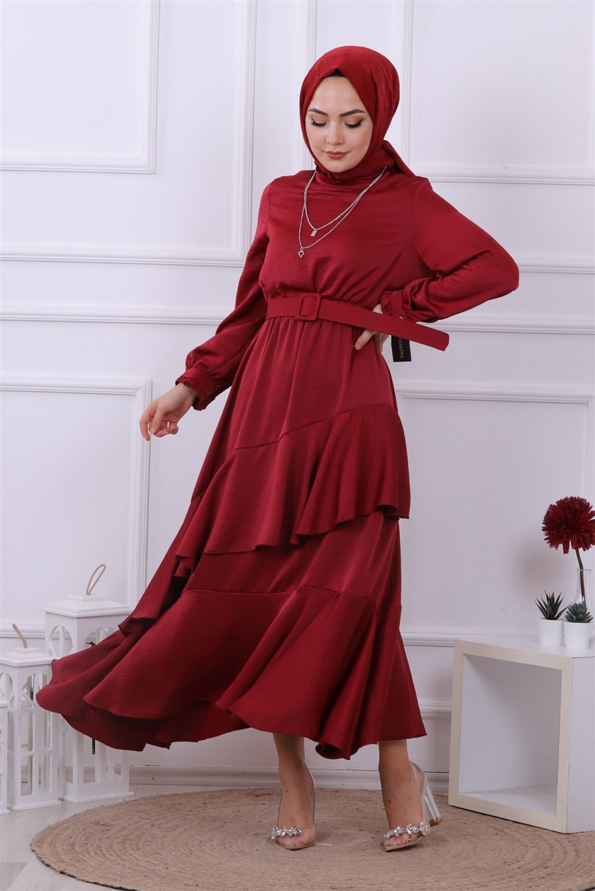 Kemerli Saten Elbise Bordo