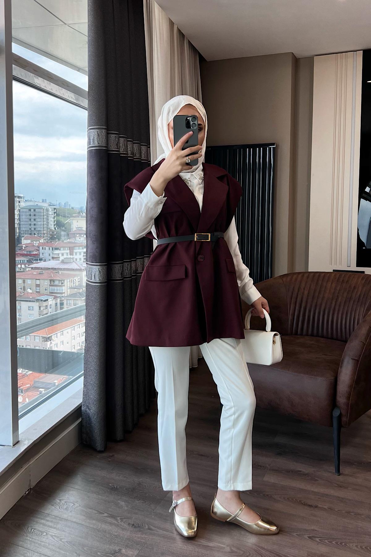 Kemerli Vatkalı Yelek Bordo