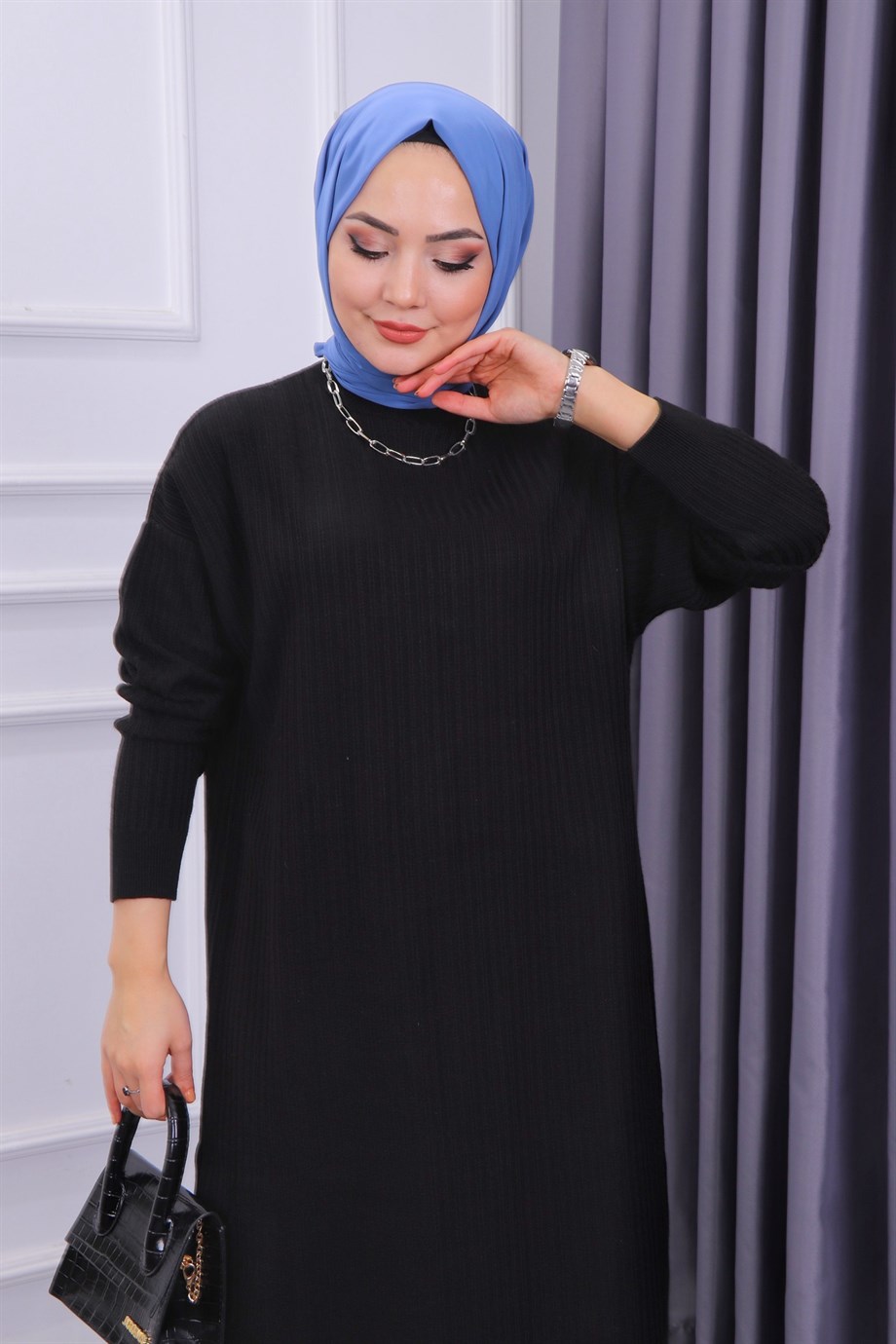 Kendinden Desenli Triko Tunik Siyah