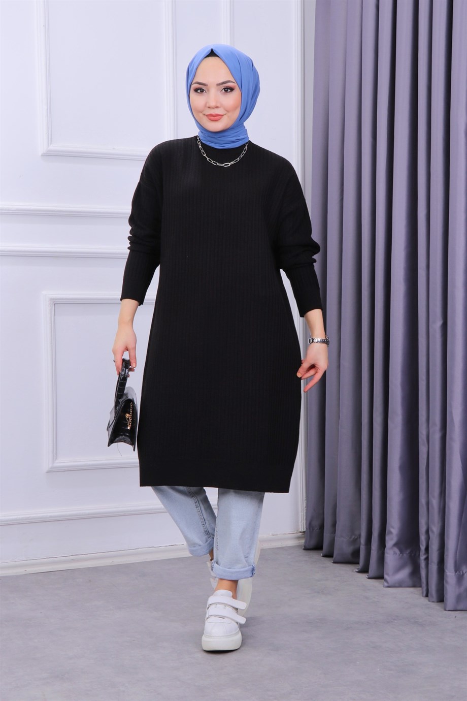 Kendinden Desenli Triko Tunik Siyah