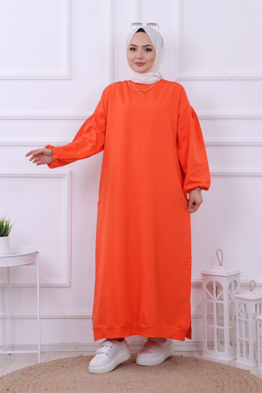 Kendinden Kolyeli Sweat Elbise Turuncu
