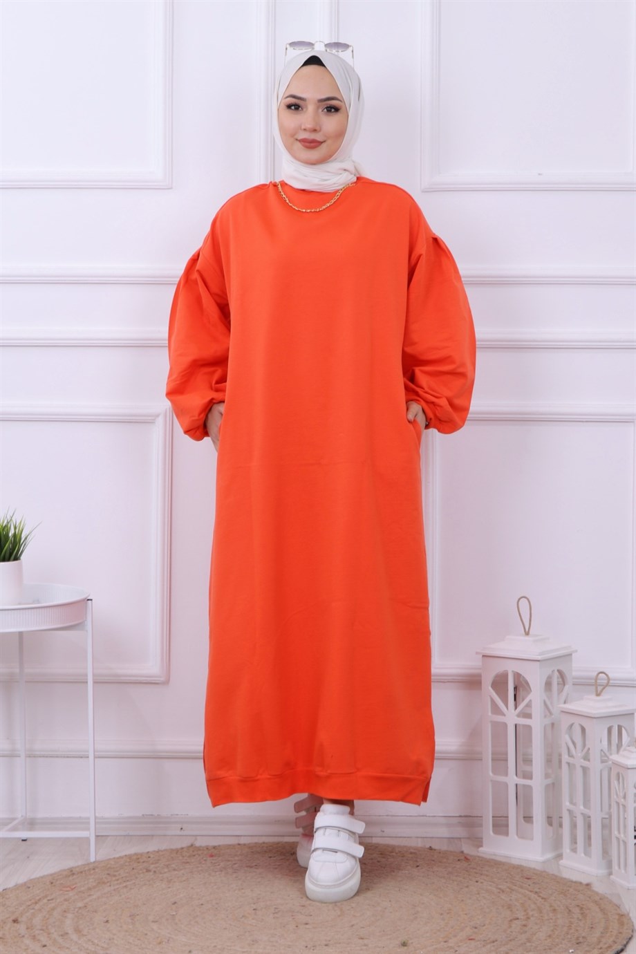 Kendinden Kolyeli Sweat Elbise Turuncu
