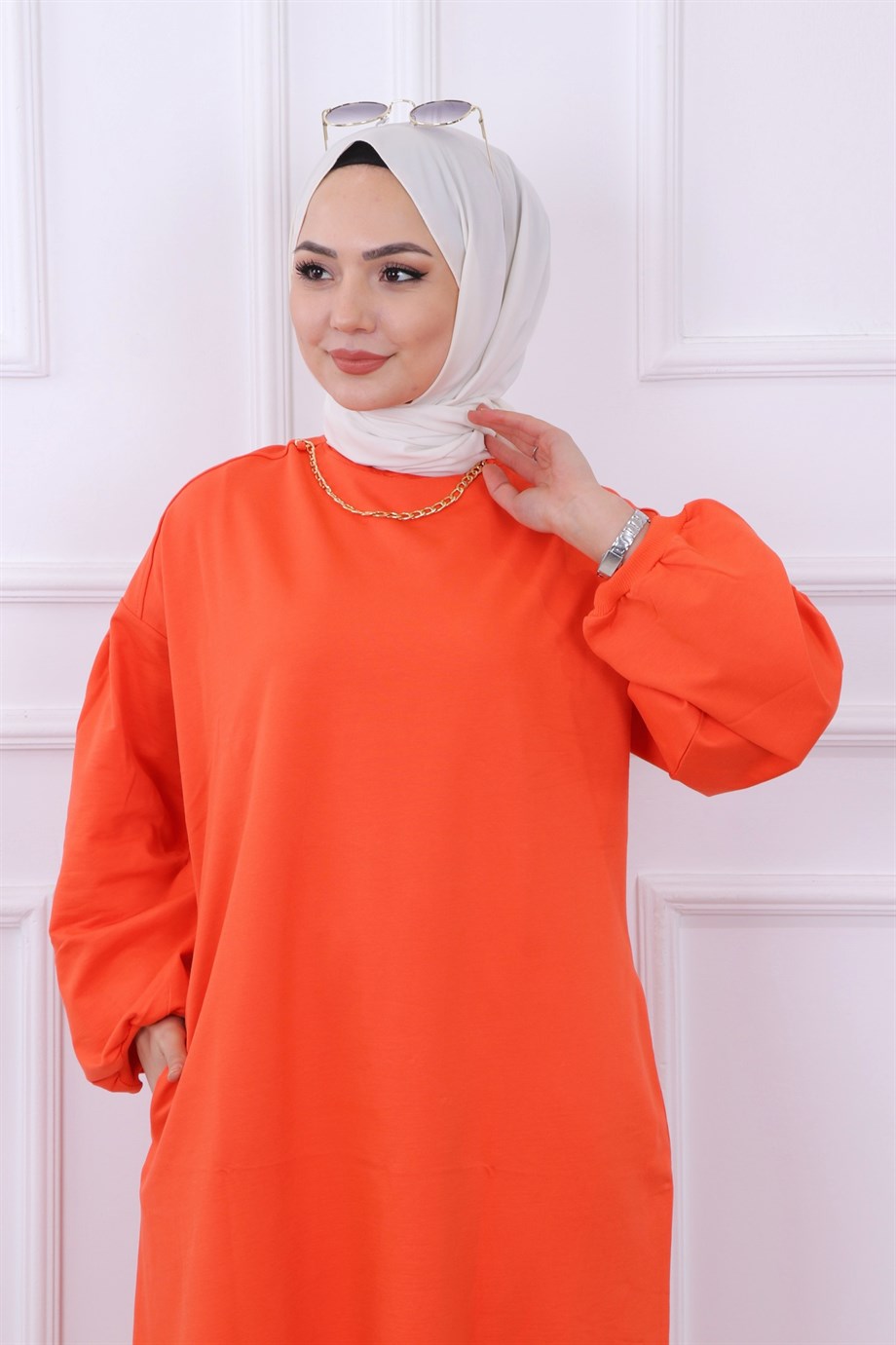 Kendinden Kolyeli Sweat Elbise Turuncu