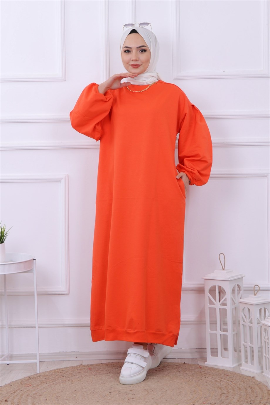 Kendinden Kolyeli Sweat Elbise Turuncu