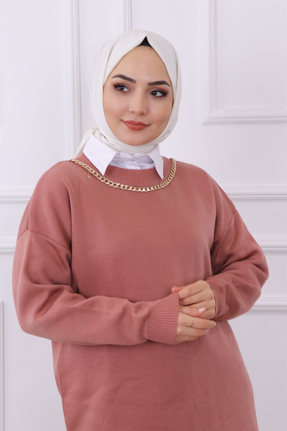 Kendinden Kolyeli Tunik Gül Kurusu