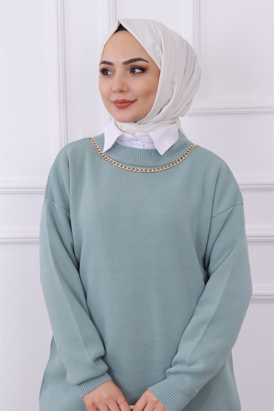 Kendinden Kolyeli Tunik Mint Yeşili