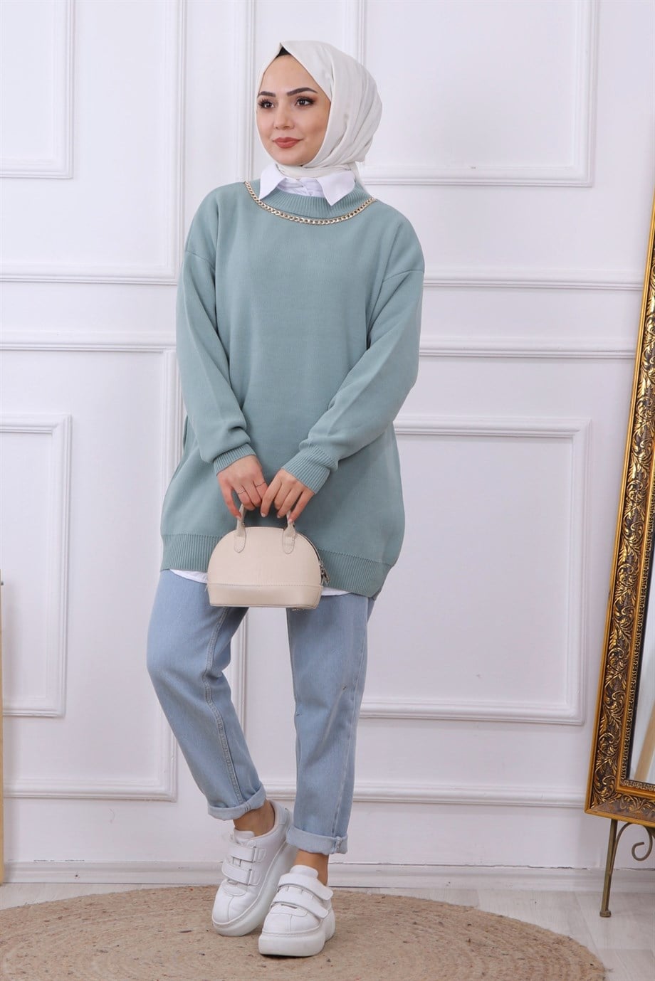 Kendinden Kolyeli Tunik Mint Yeşili