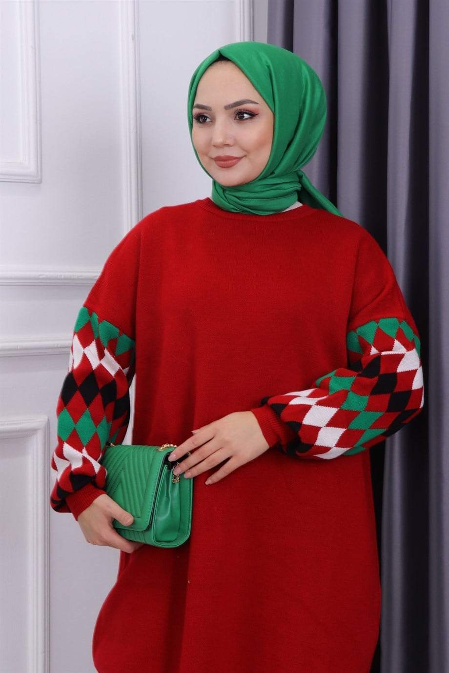 Kol Baklava Desen Triko Tunik Bordo