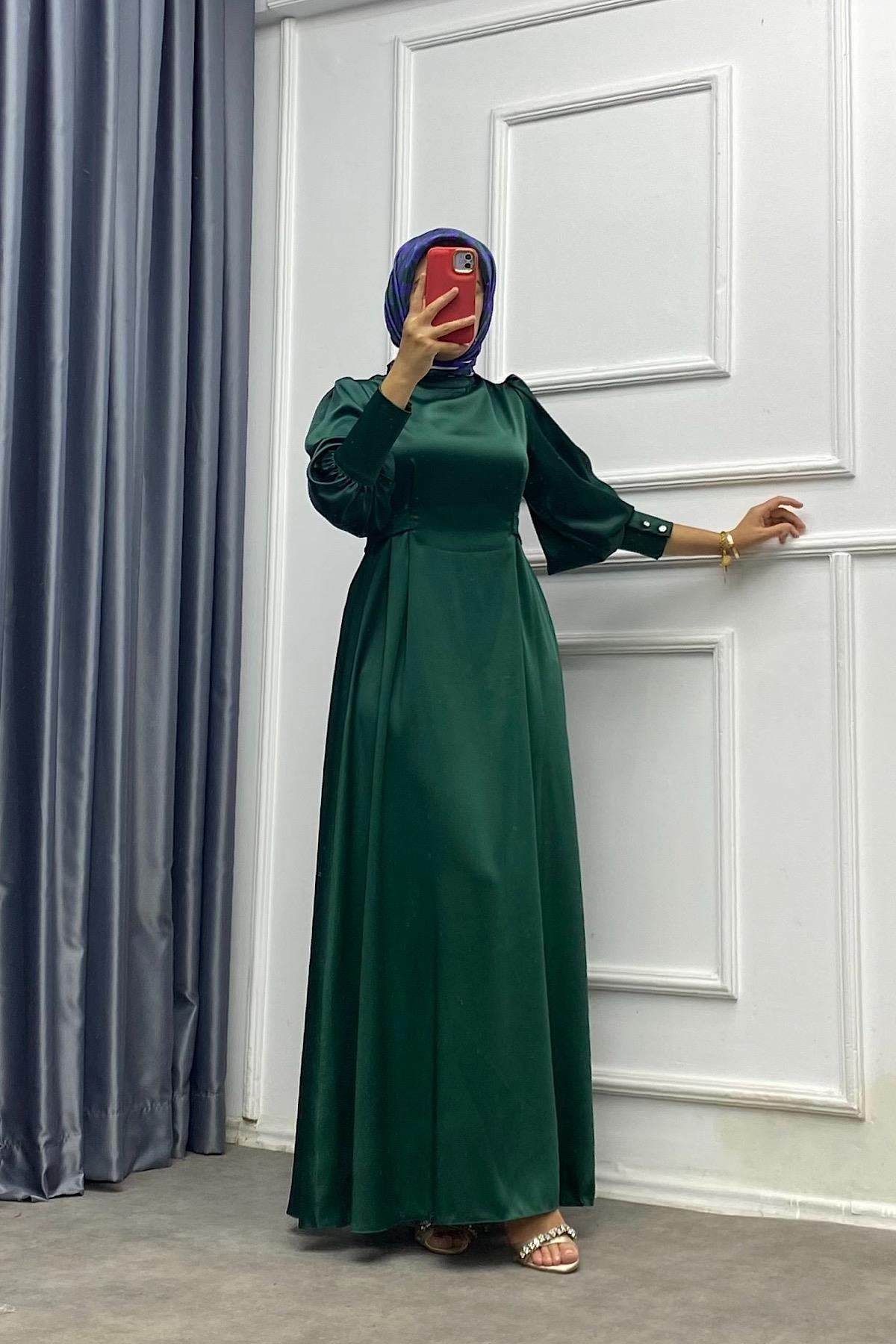 Kol Düğme Detay Saten Elbise Yeşil