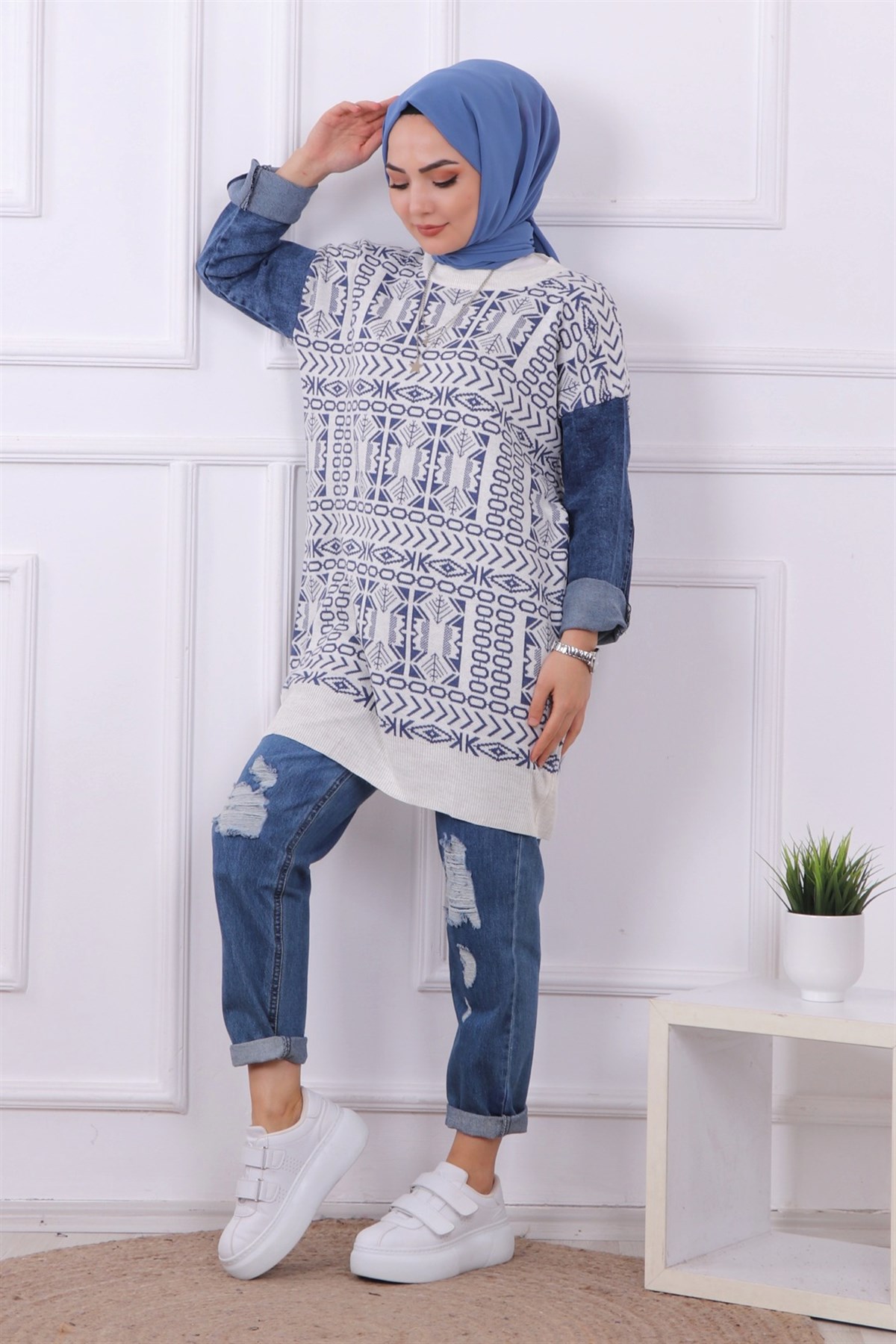 Kolları Kot Detaylı Triko Tunik