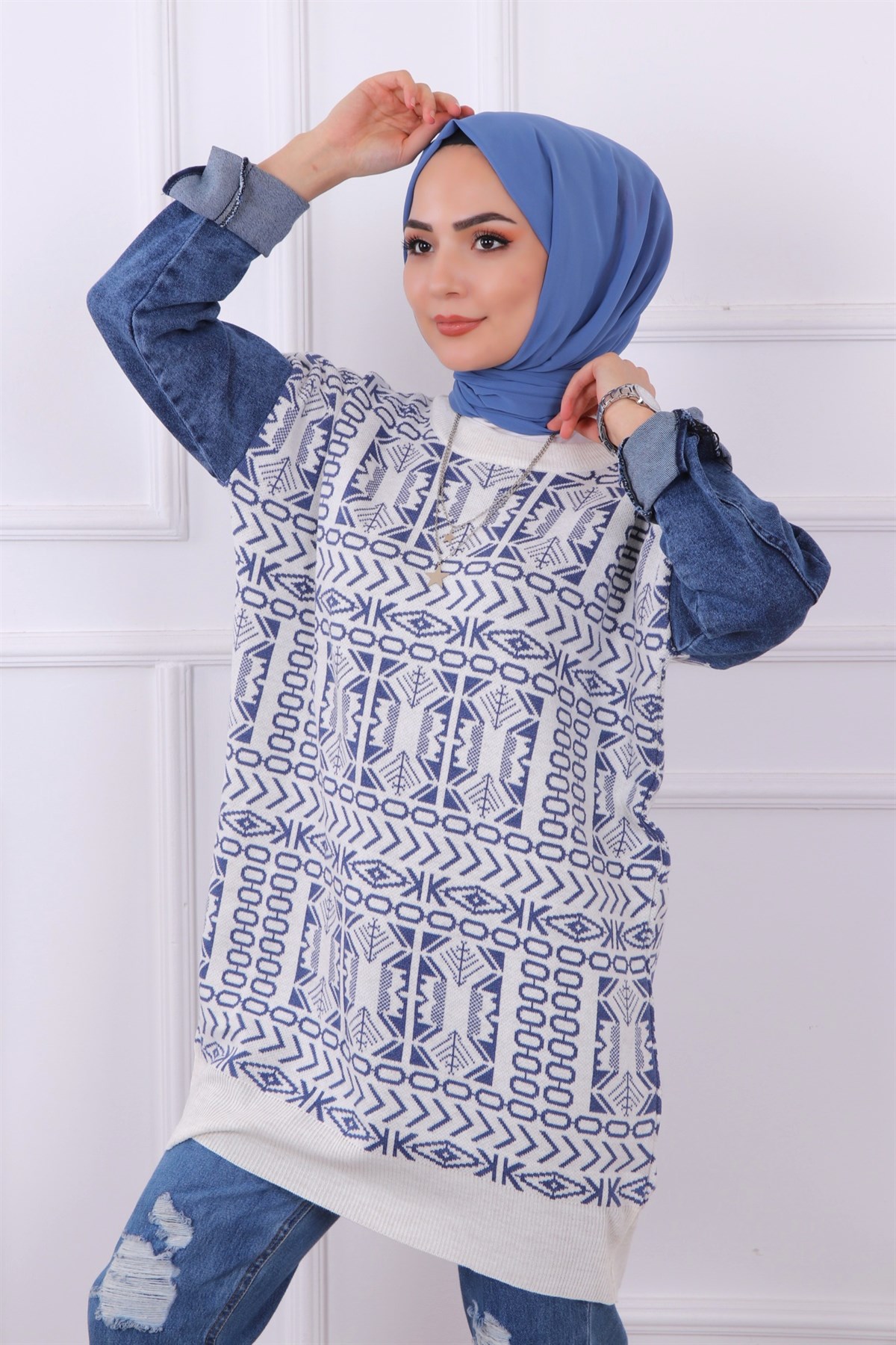 Kolları Kot Detaylı Triko Tunik