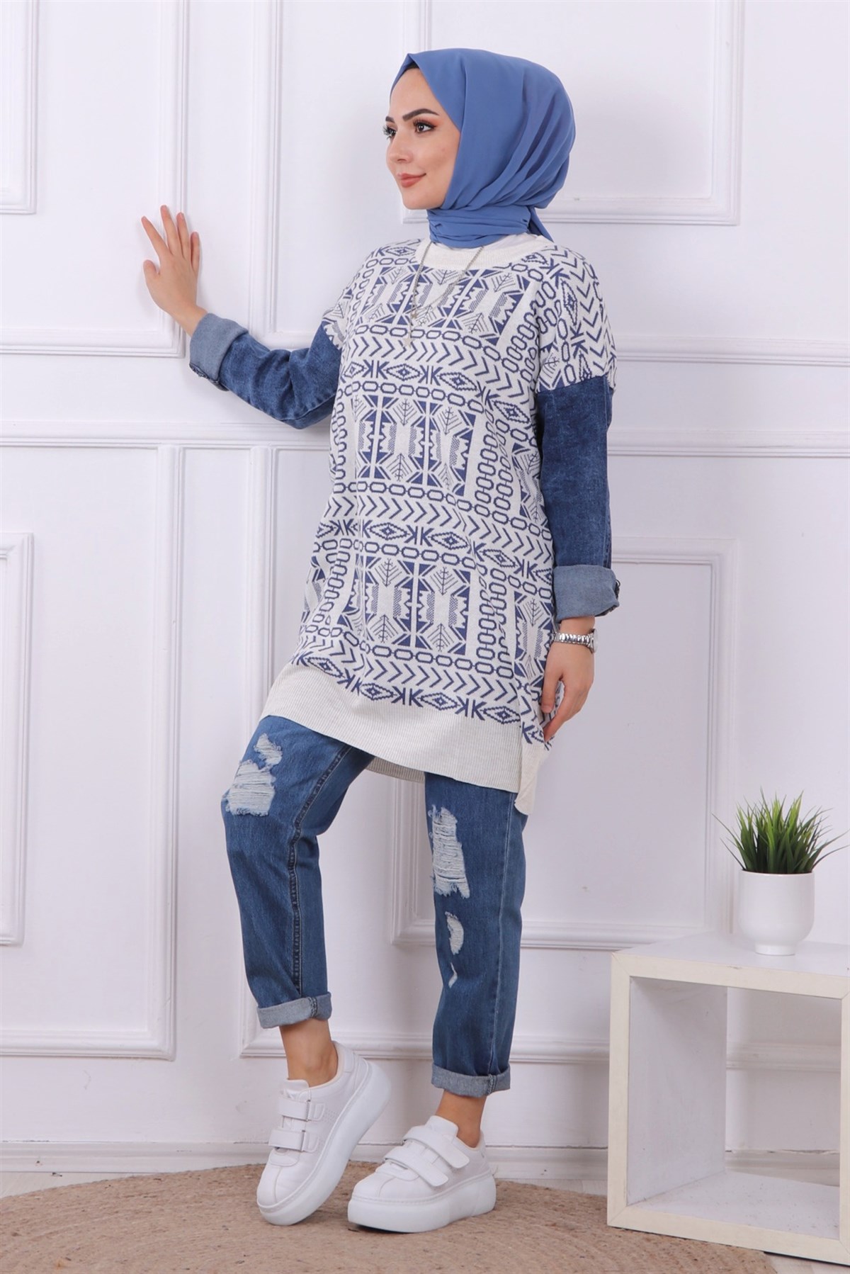 Kolları Kot Detaylı Triko Tunik