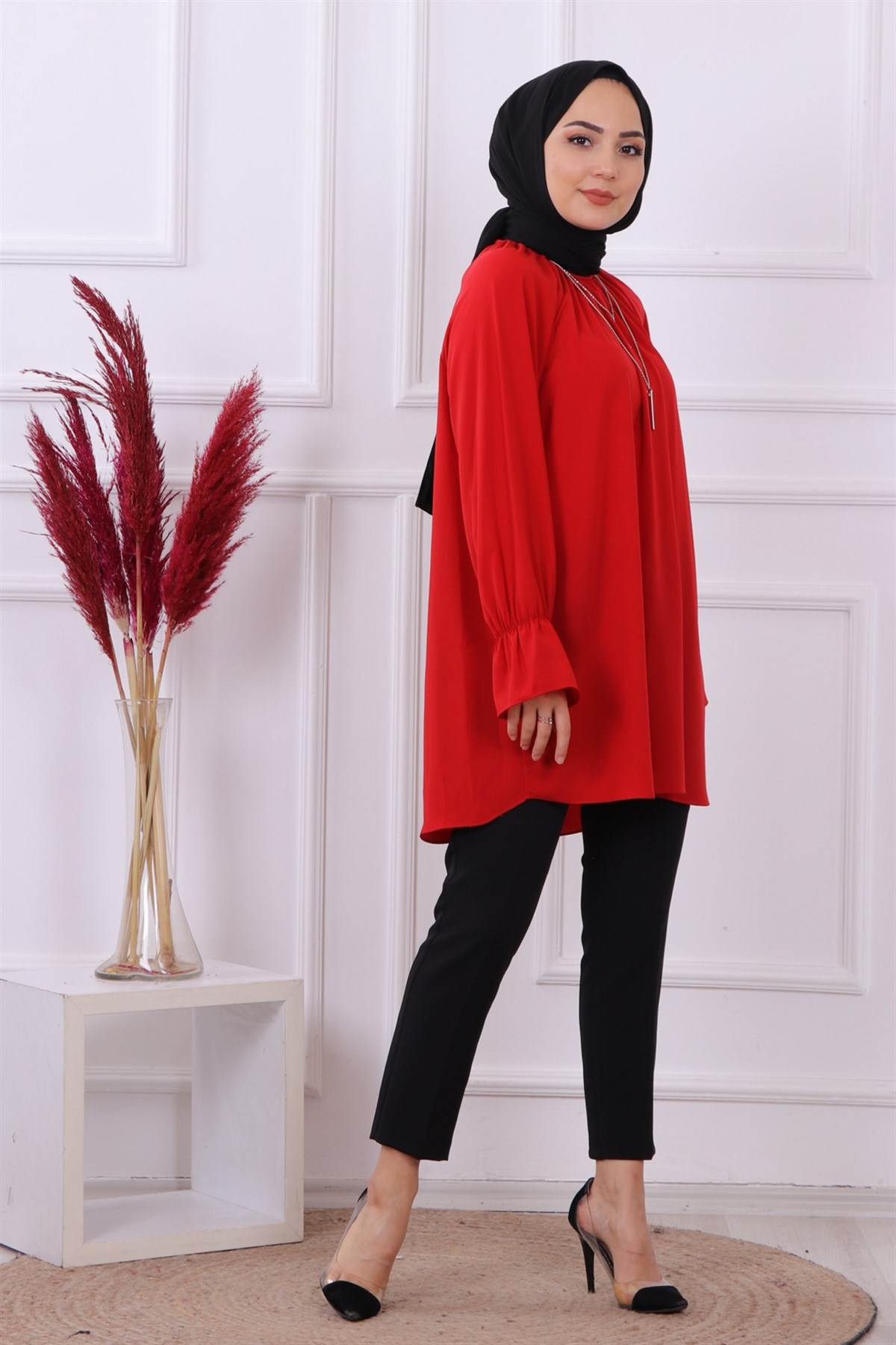 Kolları Lastikli Tunik Kırmızı
